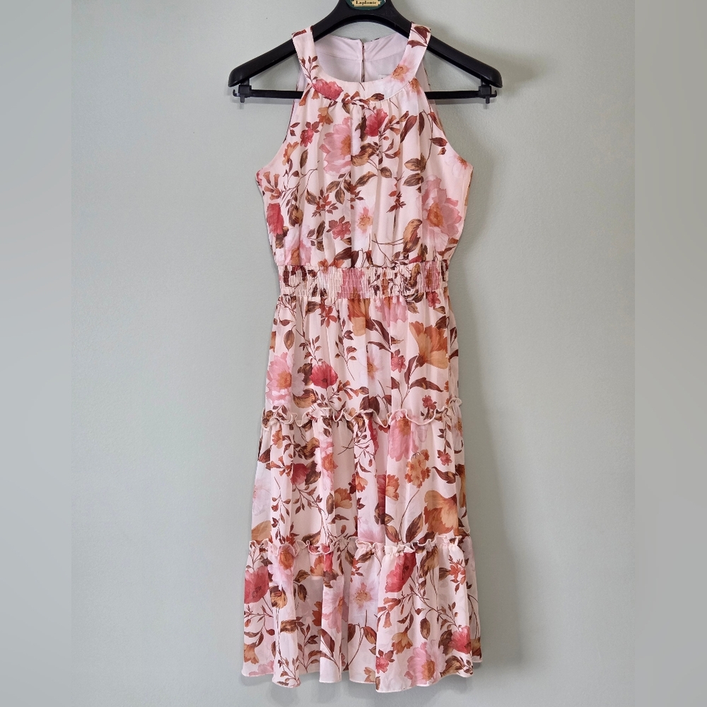 NWOT 🌸 Floral Summer Halter Chifon Midi Dress Enfocus Studio Sz 6 Coastal Boho